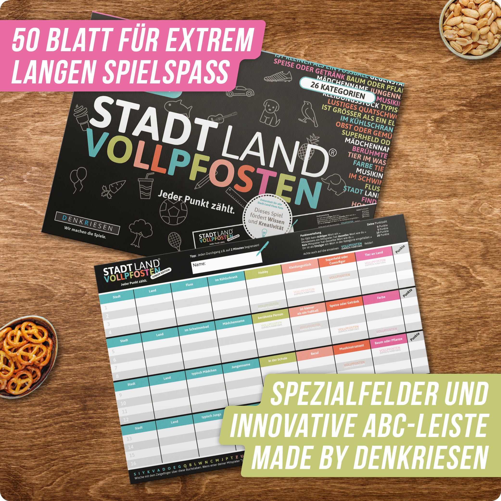 Stadt Land Vollpfosten® Junior Edition – "Jeder Punkt zählt." | A4 Spielblock