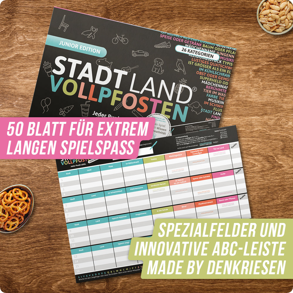 Spar-Set Elias | Stadt Land Vollpfosten® A4 Spielblock + HANGMAN® - Junior Edition