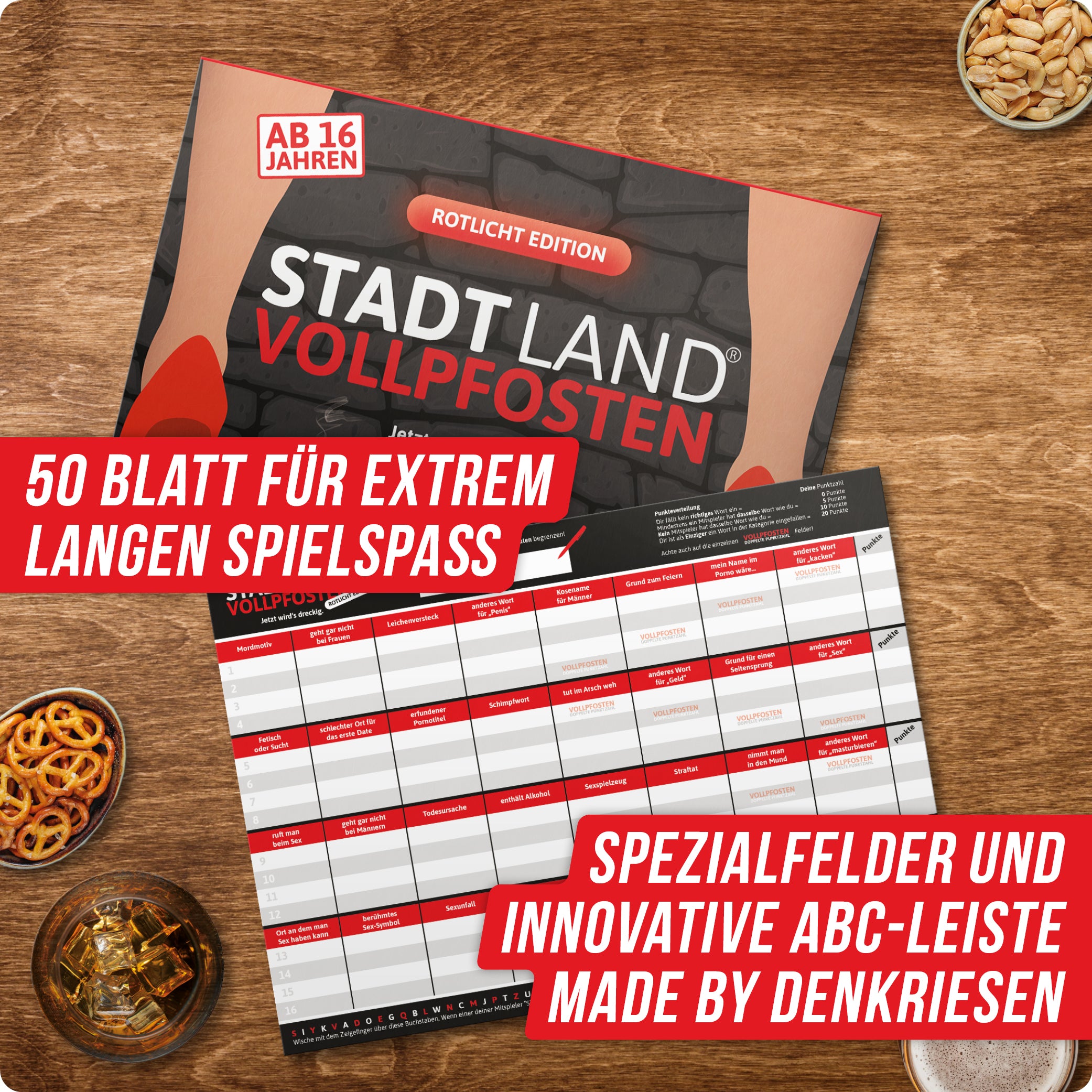 Stadt Land Vollpfosten® Rotlicht Edition – "Jetzt wird's dreckig." | A4 Spielblock
