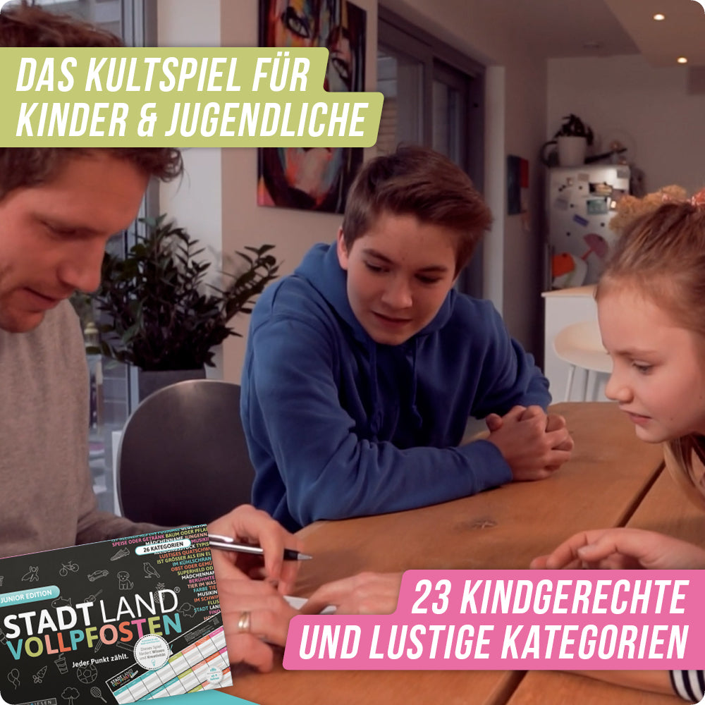 Spar-Set Mia | Stadt Land Vollpfosten® Junior Edition - A4 Spielblock + Das Kartenspiel