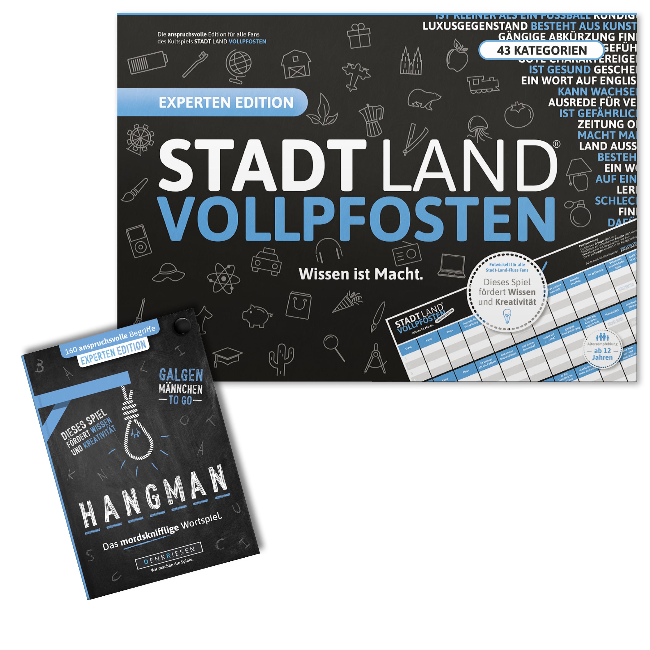 Spar-Set Albert | Stadt Land Vollpfosten® A3 Spielblock + HANGMAN® - Experten Edition