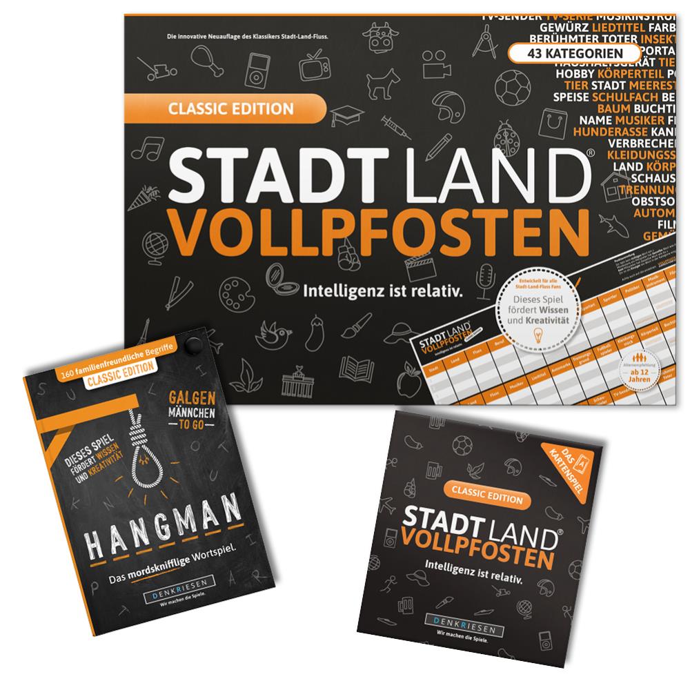 Spar-Set Valeria - CLASSIC EDITION - "Intelligenz ist relativ" - STADT LAND VOLLPFOSTEN® - Spielblock + Kartenspiel + HANGMAN "Galgenmännchen TO GO"