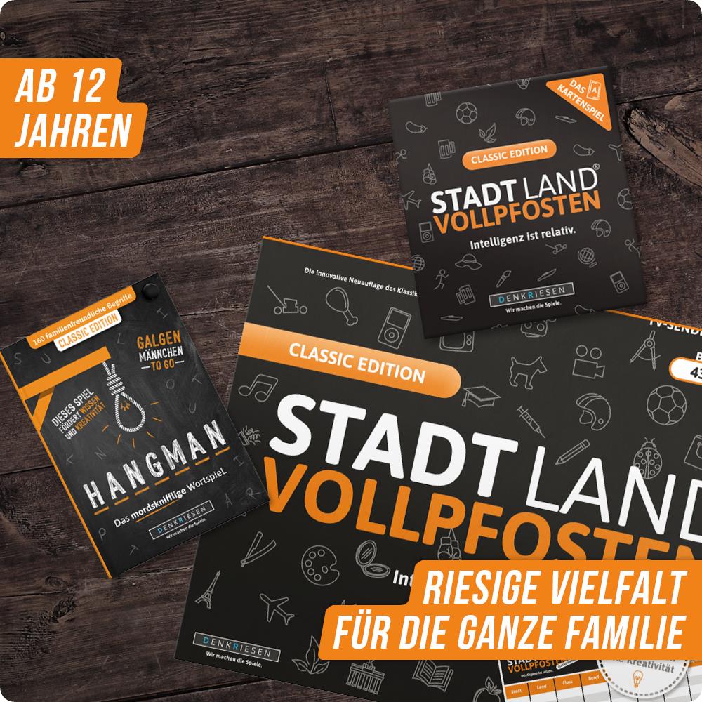 Spar-Set Valeria - CLASSIC EDITION - "Intelligenz ist relativ" - STADT LAND VOLLPFOSTEN® - Spielblock + Kartenspiel + HANGMAN "Galgenmännchen TO GO"
