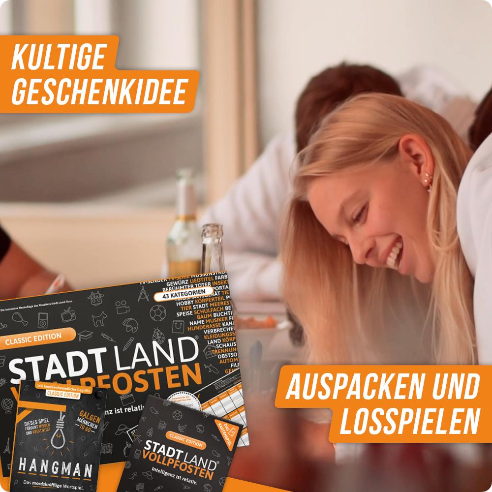 Spar-Set Valeria - CLASSIC EDITION - "Intelligenz ist relativ" - STADT LAND VOLLPFOSTEN® - Spielblock + Kartenspiel + HANGMAN "Galgenmännchen TO GO"