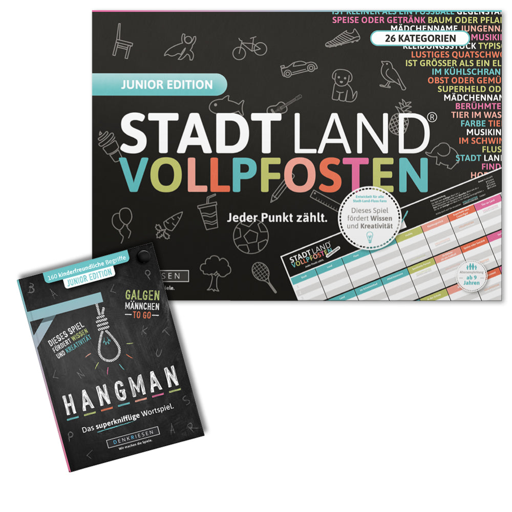 Spar-Set Elias – STADT-LAND VOLLPFOSTEN "Junior EDITION" Spielblock + HANGMAN "Junior EDITION”