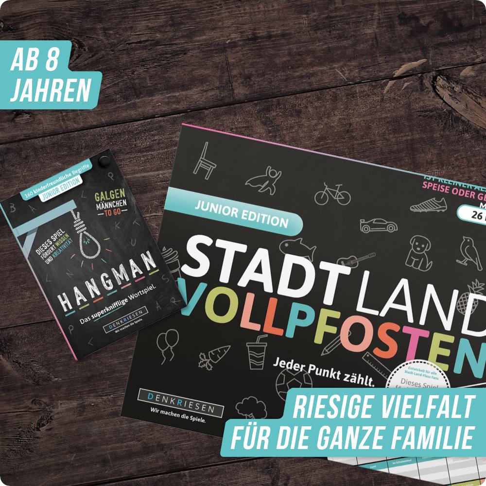 Spar-Set Elias – STADT-LAND VOLLPFOSTEN "Junior EDITION" Spielblock + HANGMAN "Junior EDITION”