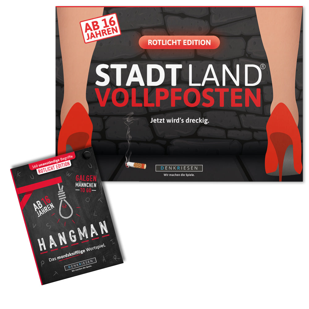 Spar-Set Tanja | Stadt Land Vollpfosten® A4 Spielblock + HANGMAN® - Rotlicht Edition