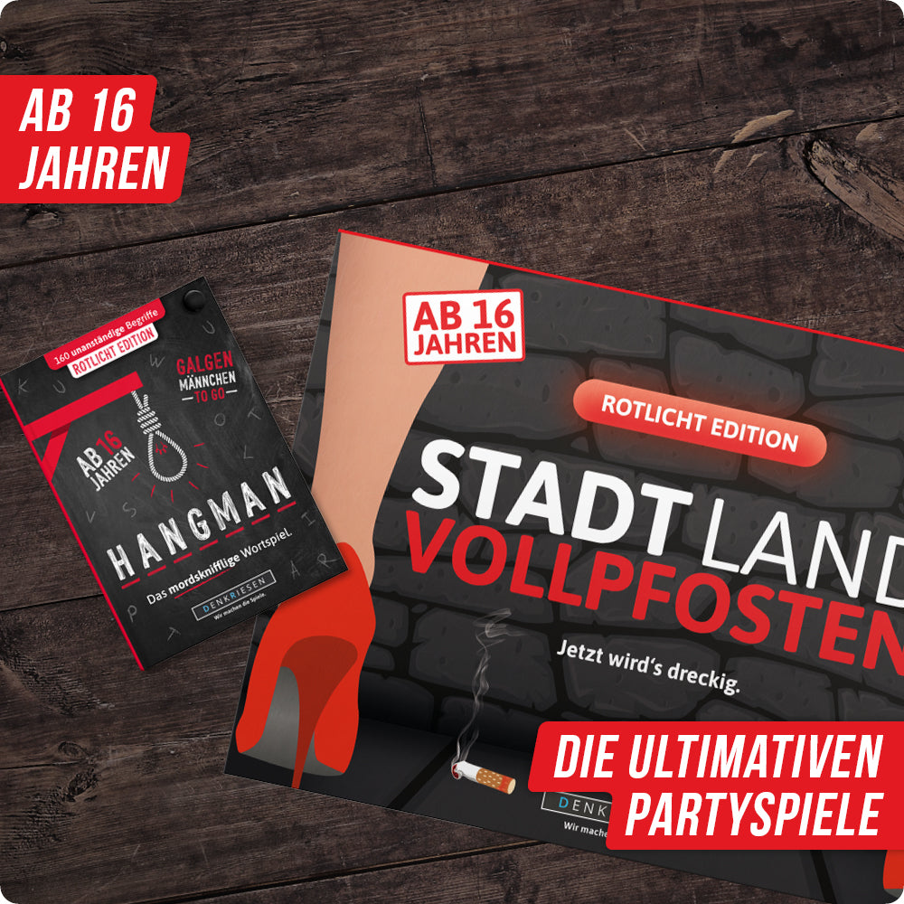 Spar-Set Tanja | Stadt Land Vollpfosten® A4 Spielblock + HANGMAN® - Rotlicht Edition