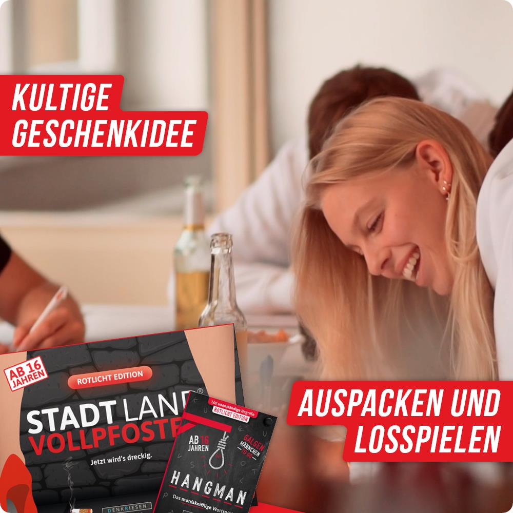 Spar-Set Tanja | Stadt Land Vollpfosten® A4 Spielblock + HANGMAN® - Rotlicht Edition