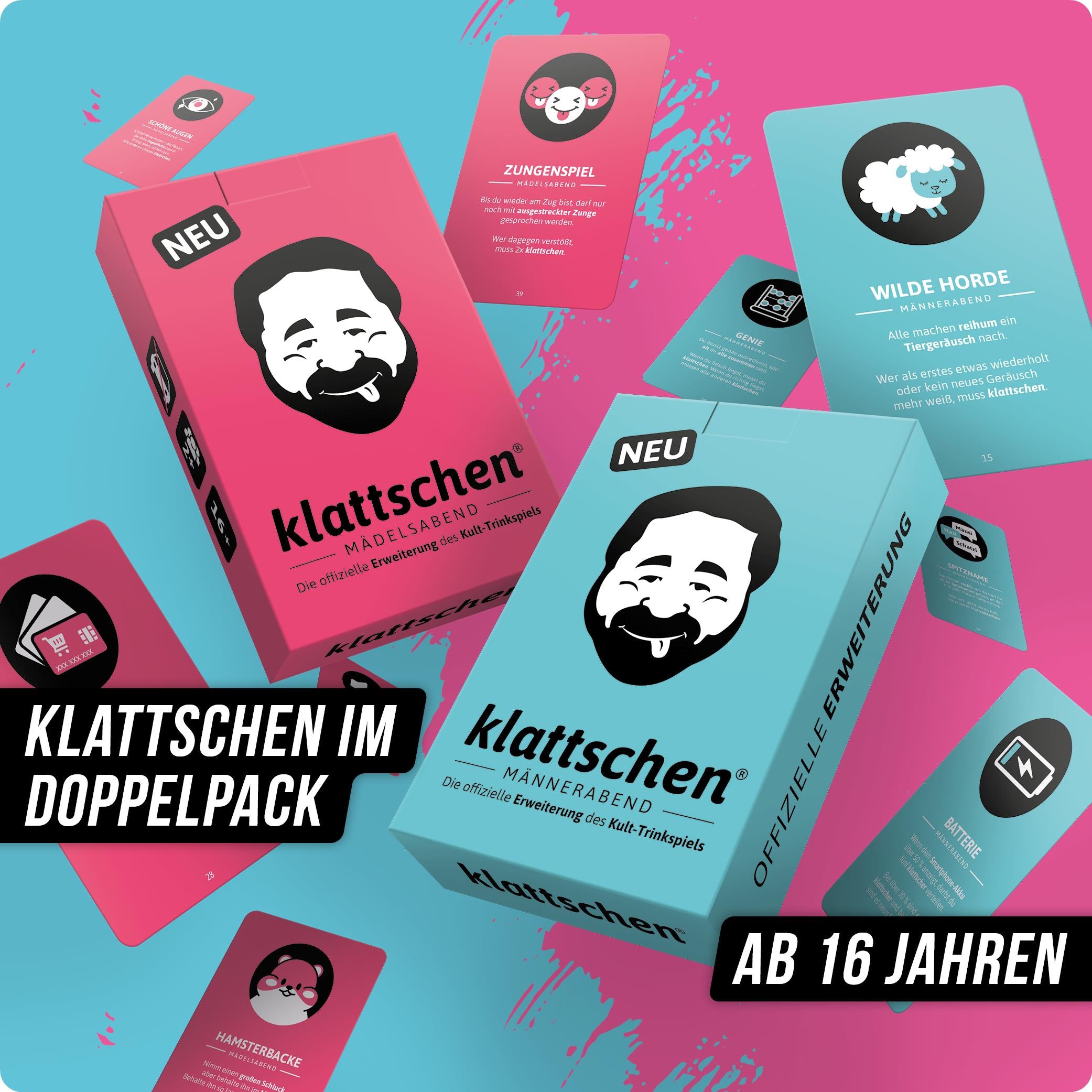 Spar-Set Leo - klattschen® Doppelpack - klattschen Mädelsabend & klattschen Männerabend Spielkartenkarton