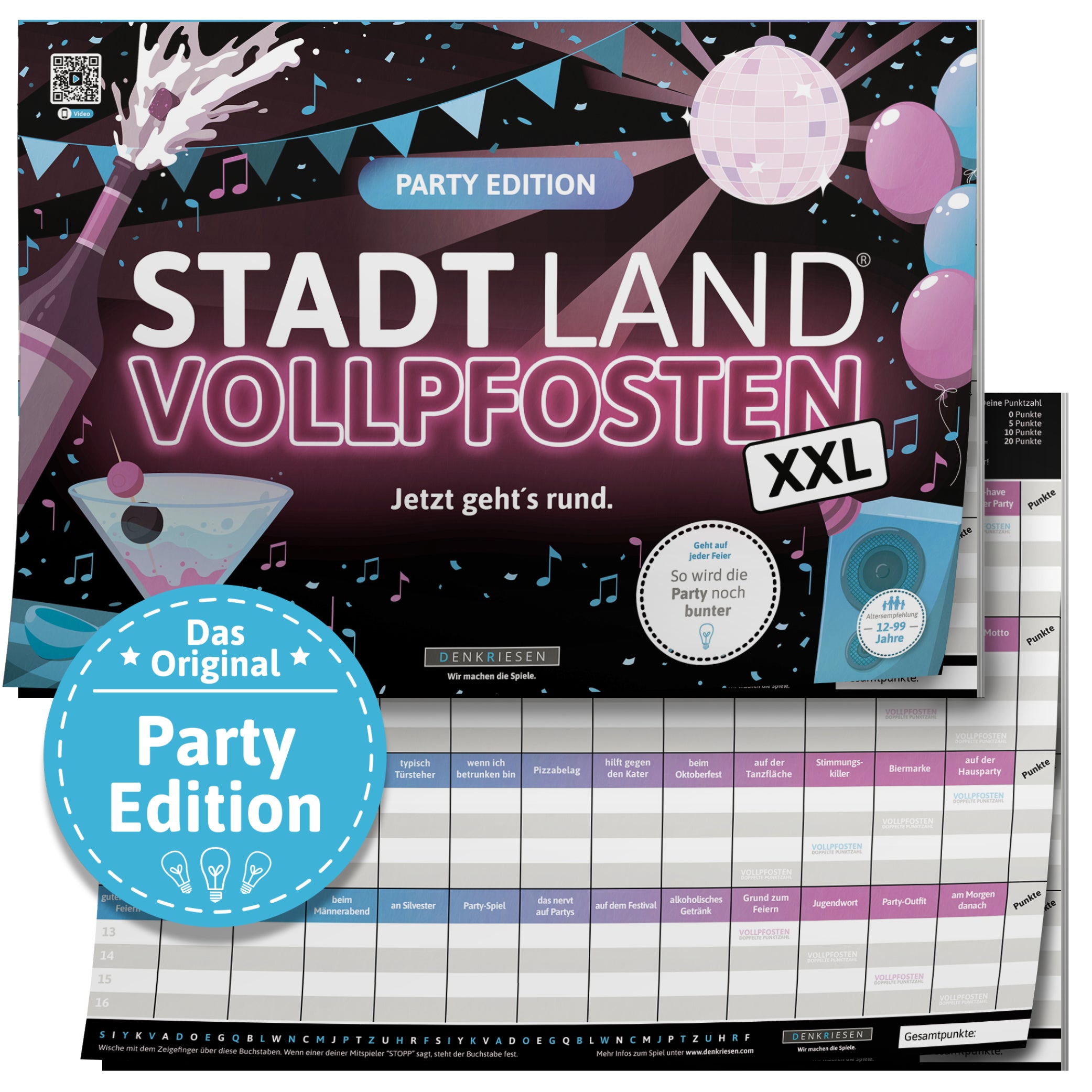 Stadt Land Vollpfosten® Party Edition – "Jetzt geht's rund." | A3 Spielblock