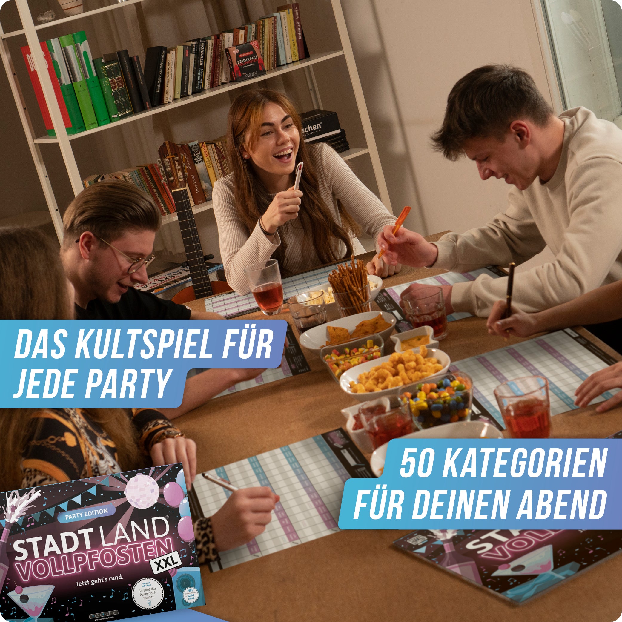 Stadt Land Vollpfosten® Party Edition – "Jetzt geht's rund." | A3 Spielblock