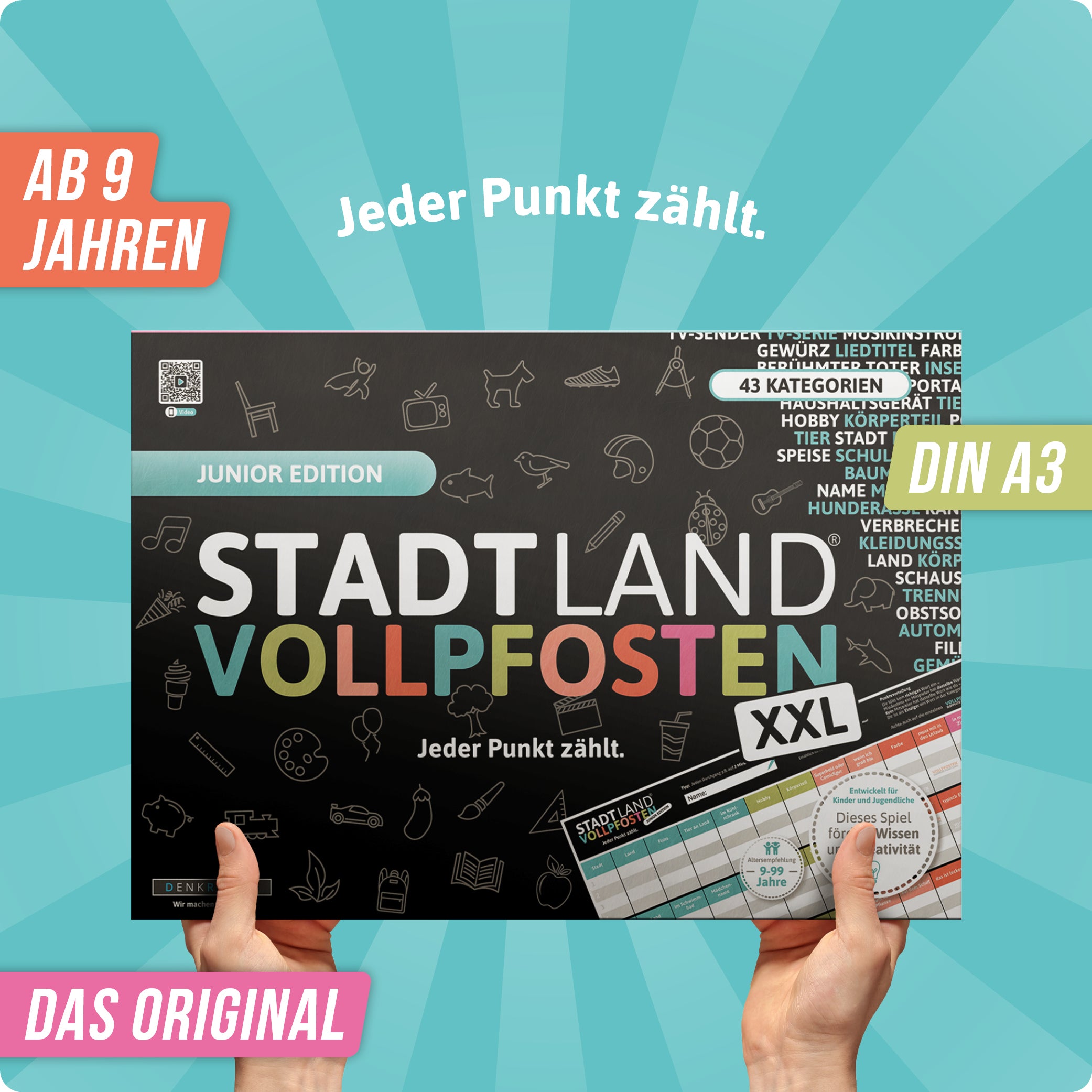 Stadt Land Vollpfosten® Junior Edition – "Jeder Punkt zählt." | A3 Spielblock