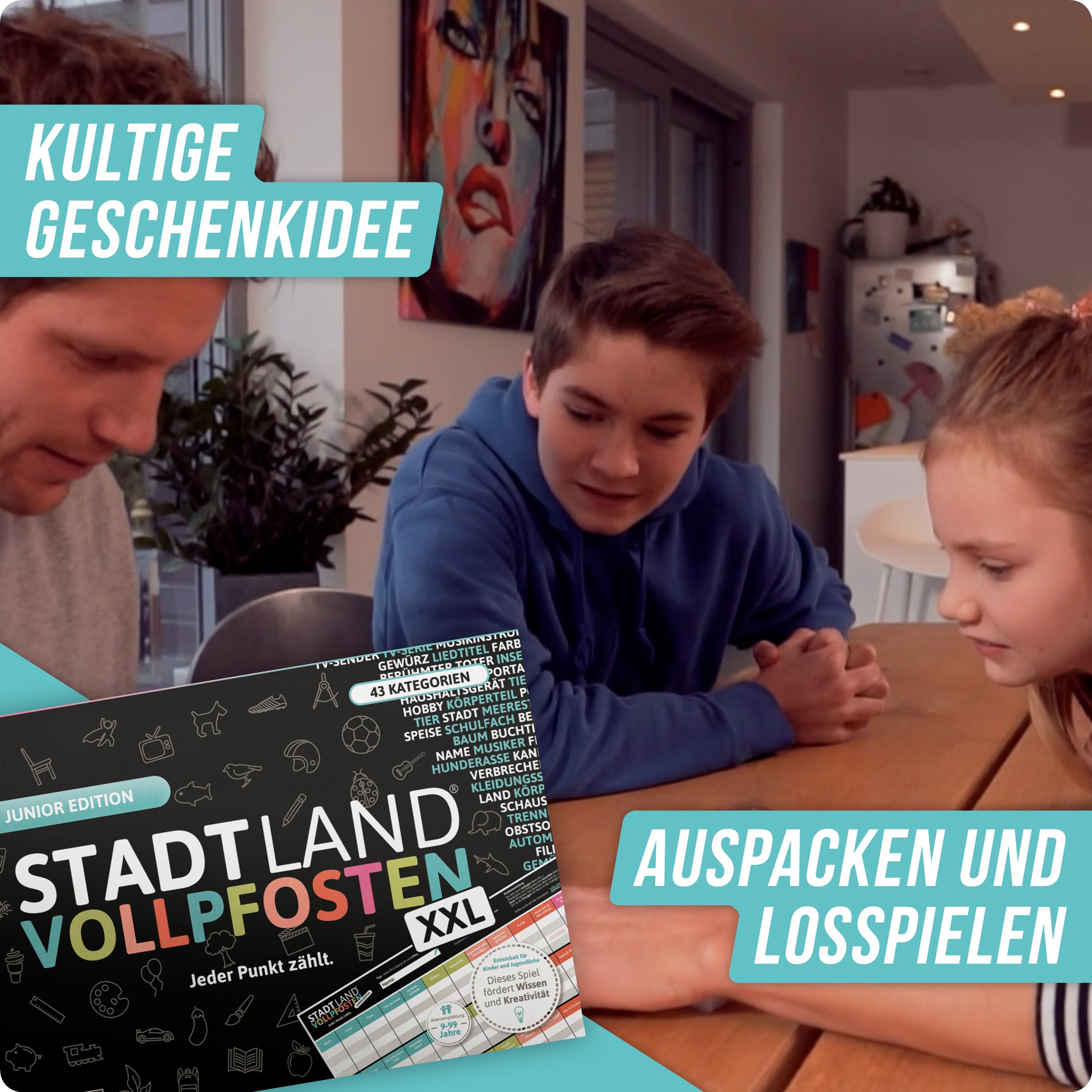 Stadt Land Vollpfosten® Junior Edition – "Jeder Punkt zählt." | A3 Spielblock