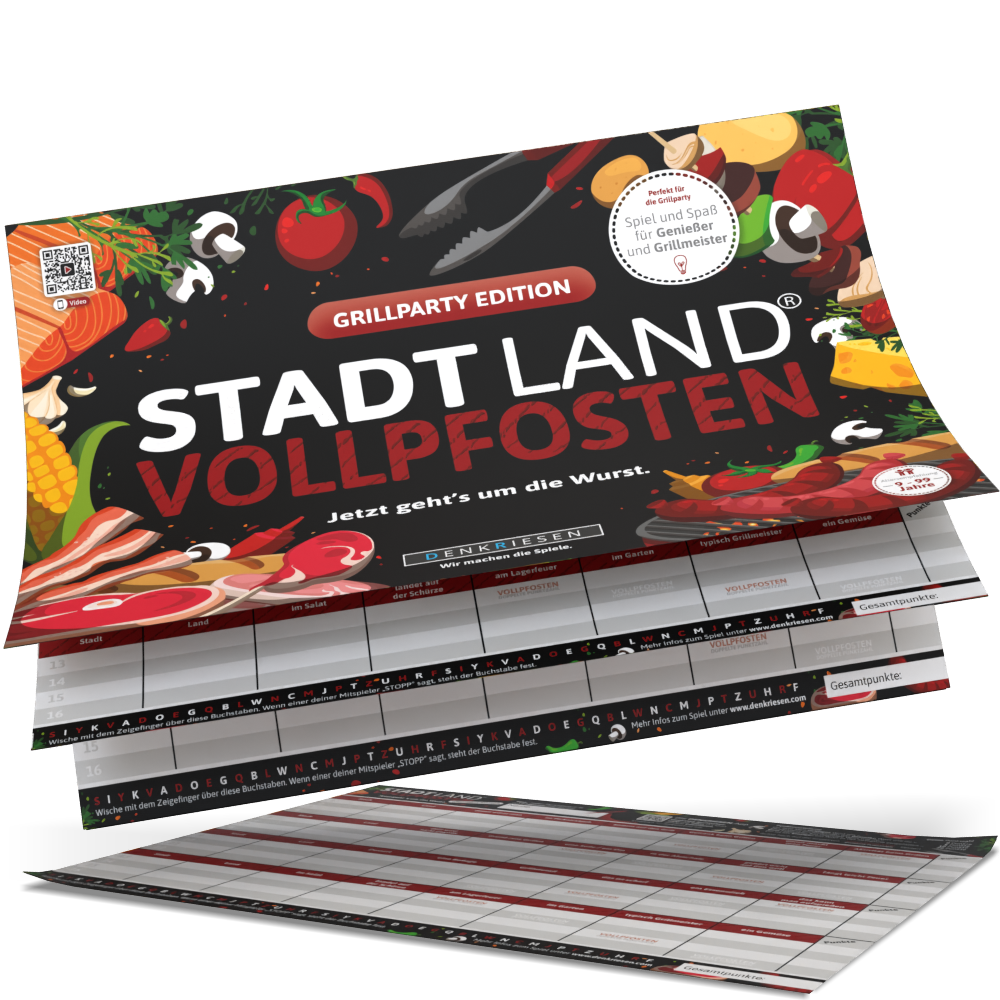 Stadt Land Vollpfosten® Spielblock | Grillparty Edition