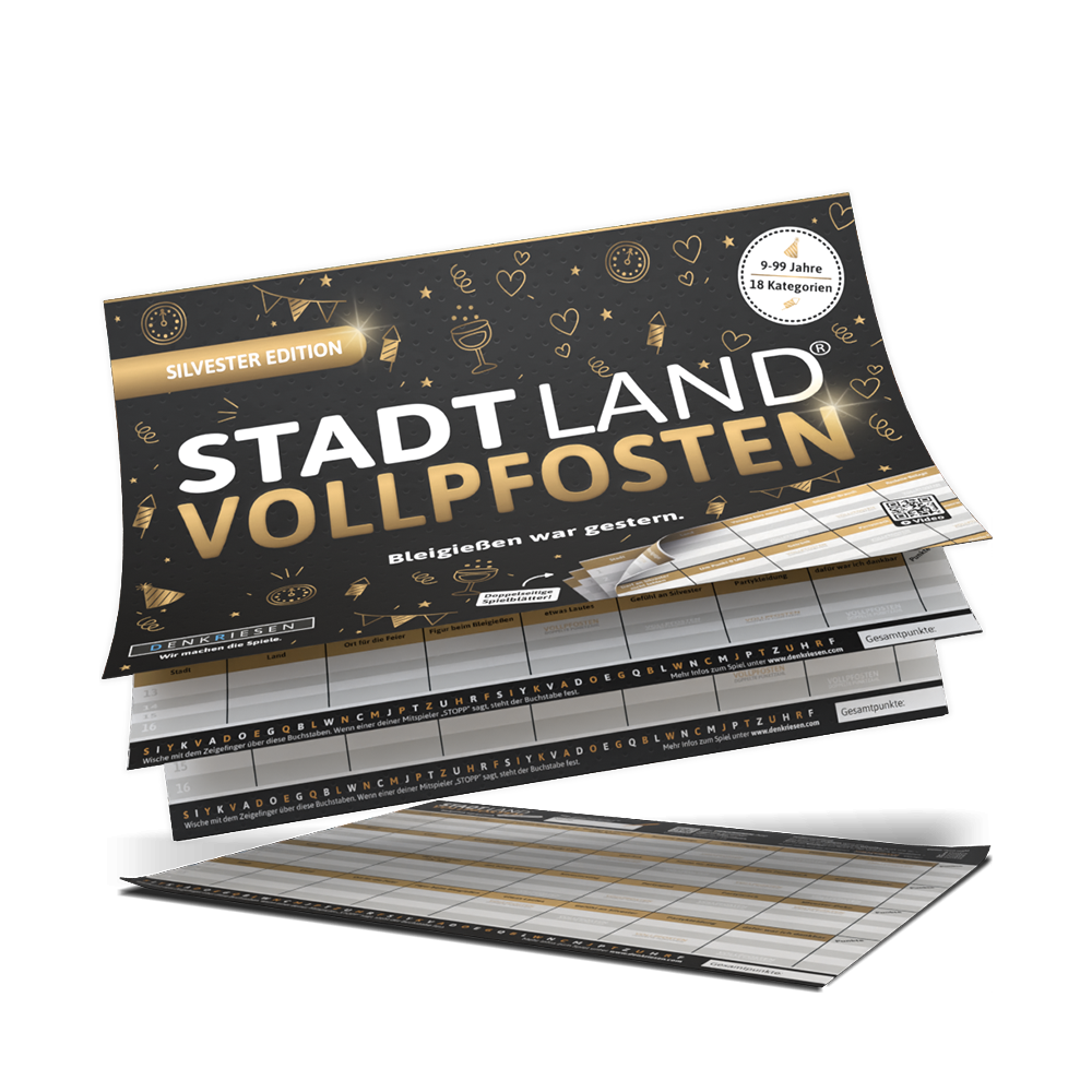 Stadt Land Vollpfosten® A5 Spielblock | Silvester Edition
