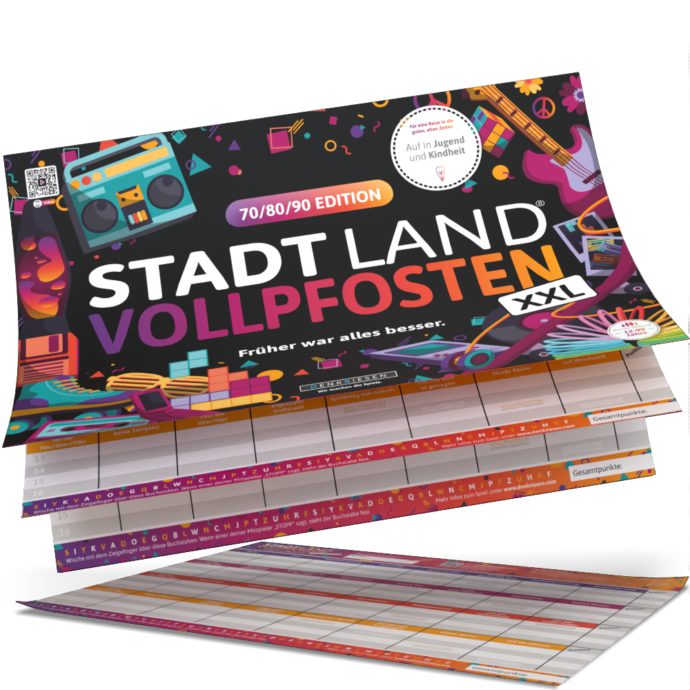 Stadt Land Vollpfosten® A3 Spielblock | 70/80/90 Edition
