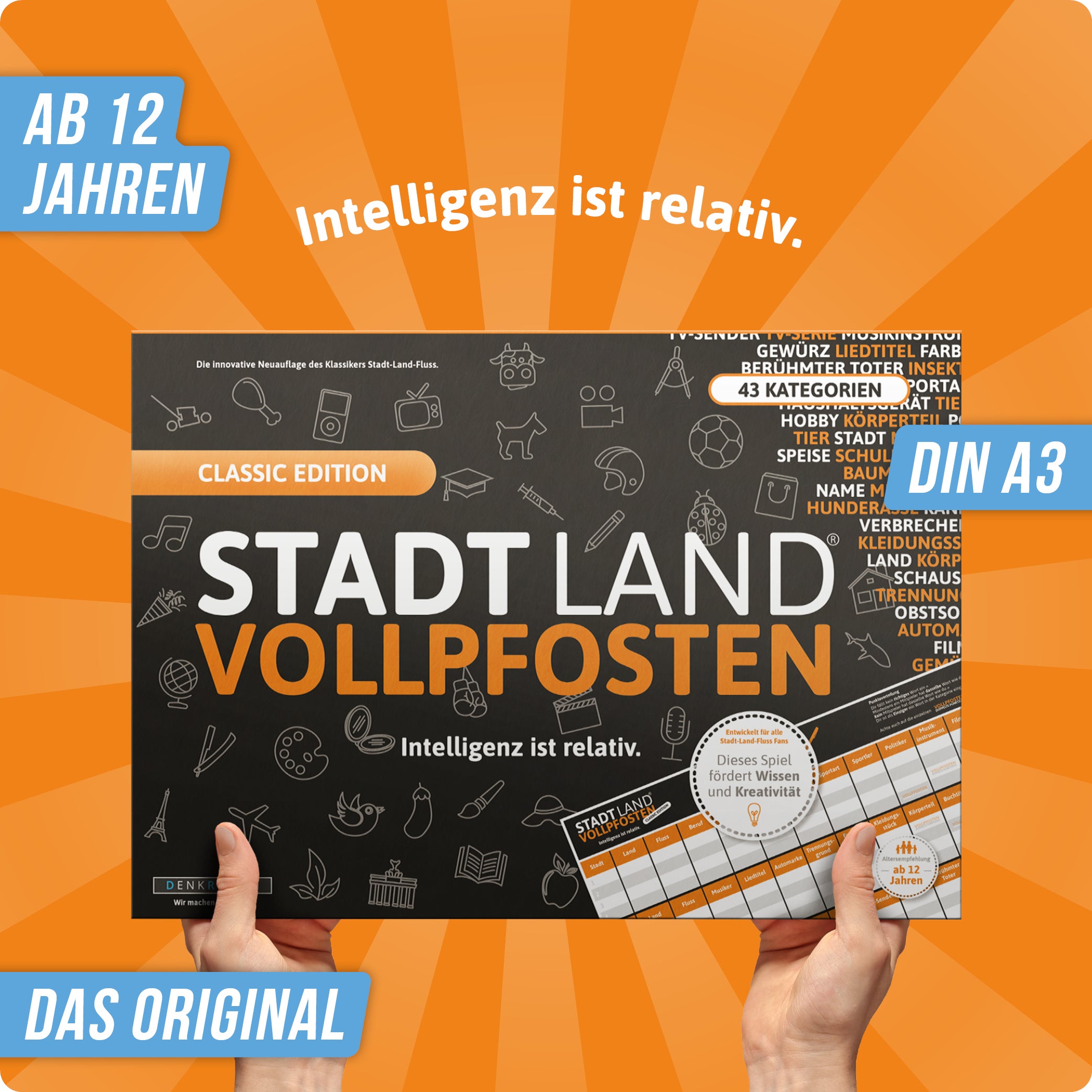 Stadt Land Vollpfosten® Classic Edition – "Intelligenz ist relativ." | A3 Spielblock