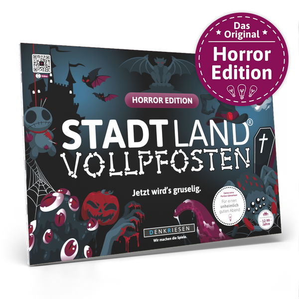 DENKRIESEN Stadt Land VOLLPFOSTEN® Horror Edition – Gioco Da Tavolo A Tema Horror, 50 Fogli DIN A4, Per Feste E Halloween, Dai 12 Anni