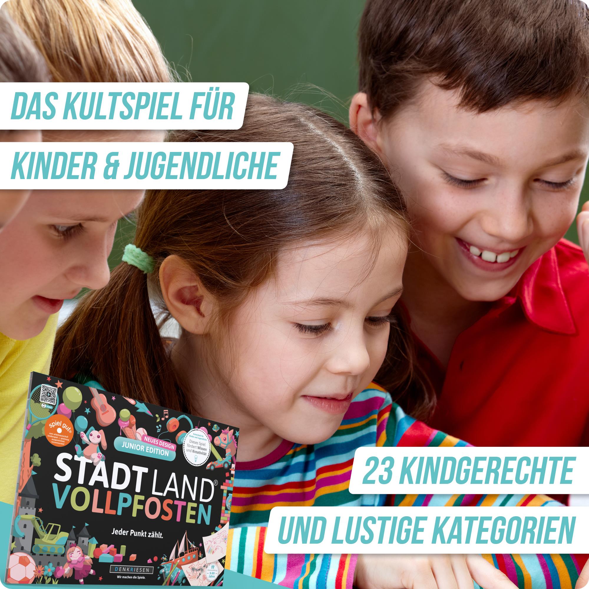 Stadt Land Vollpfosten® Junior Edition – "Jeder Punkt zählt." | A4 Spielblock