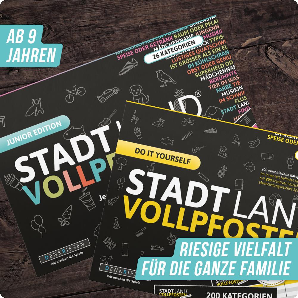 Spar-Set Fiona | Stadt Land Vollpfosten® Junior Edition + Do It Yourself Edition - A4 Spielblöcke