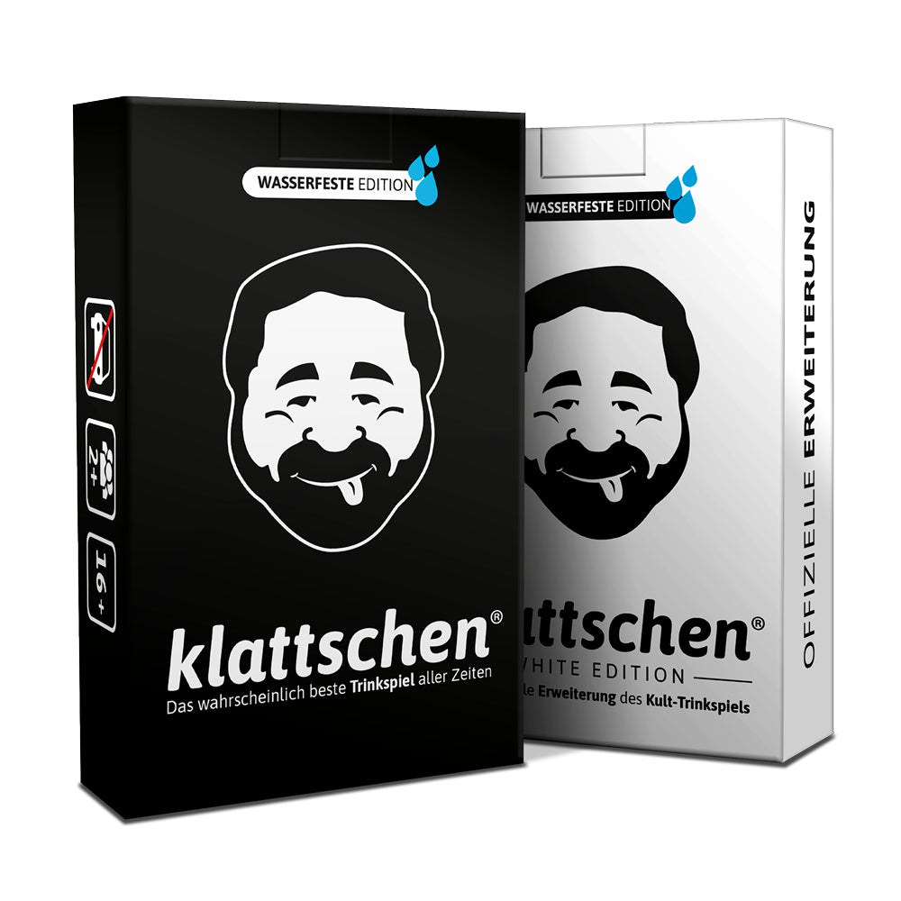 Spar-Set Max - klattschen® Doppelpack - klattschen & klattschen WHITE EDITION - Die wahrscheinlich besten Trinkspiele aller Zeiten Wasserfeste Plastikkarten