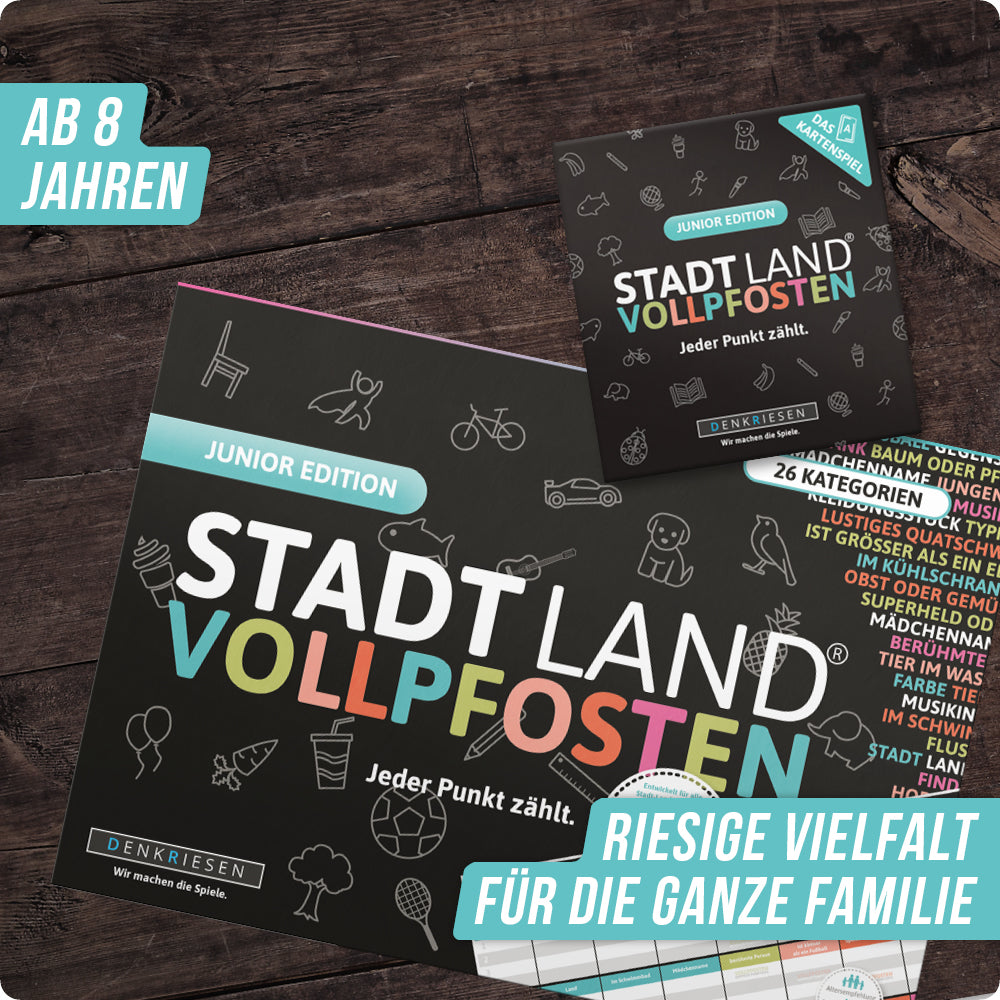 Spar-Set Mia - STADT LAND VOLLPFOSTEN® – Das Kartenspiel und der Spielblock – Junior Edition