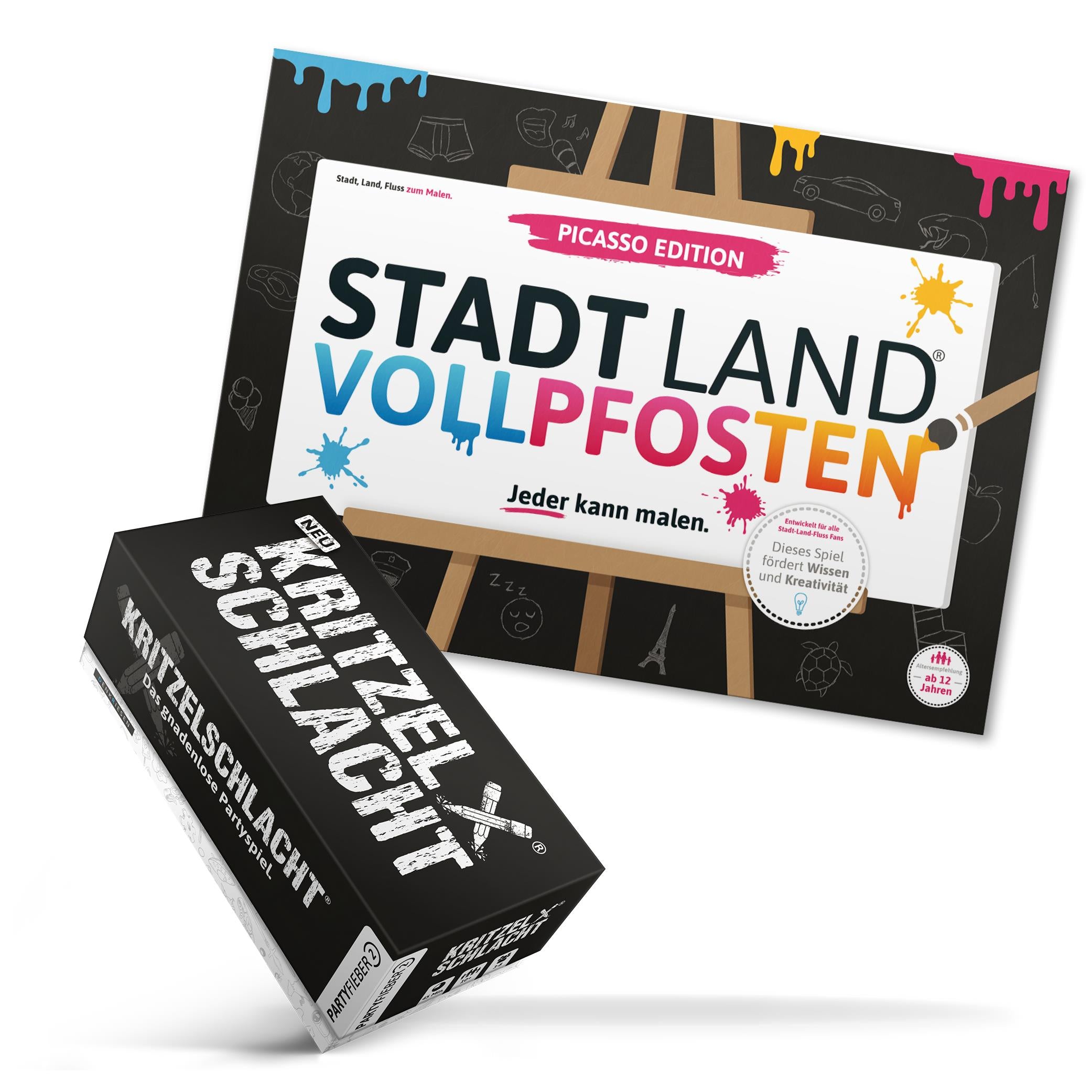Spar-Set Pablo - PARTYFIEBER KRITZELSCHLACHT + STADT-LAND VOLLPFOSTEN PICASSO EDITION