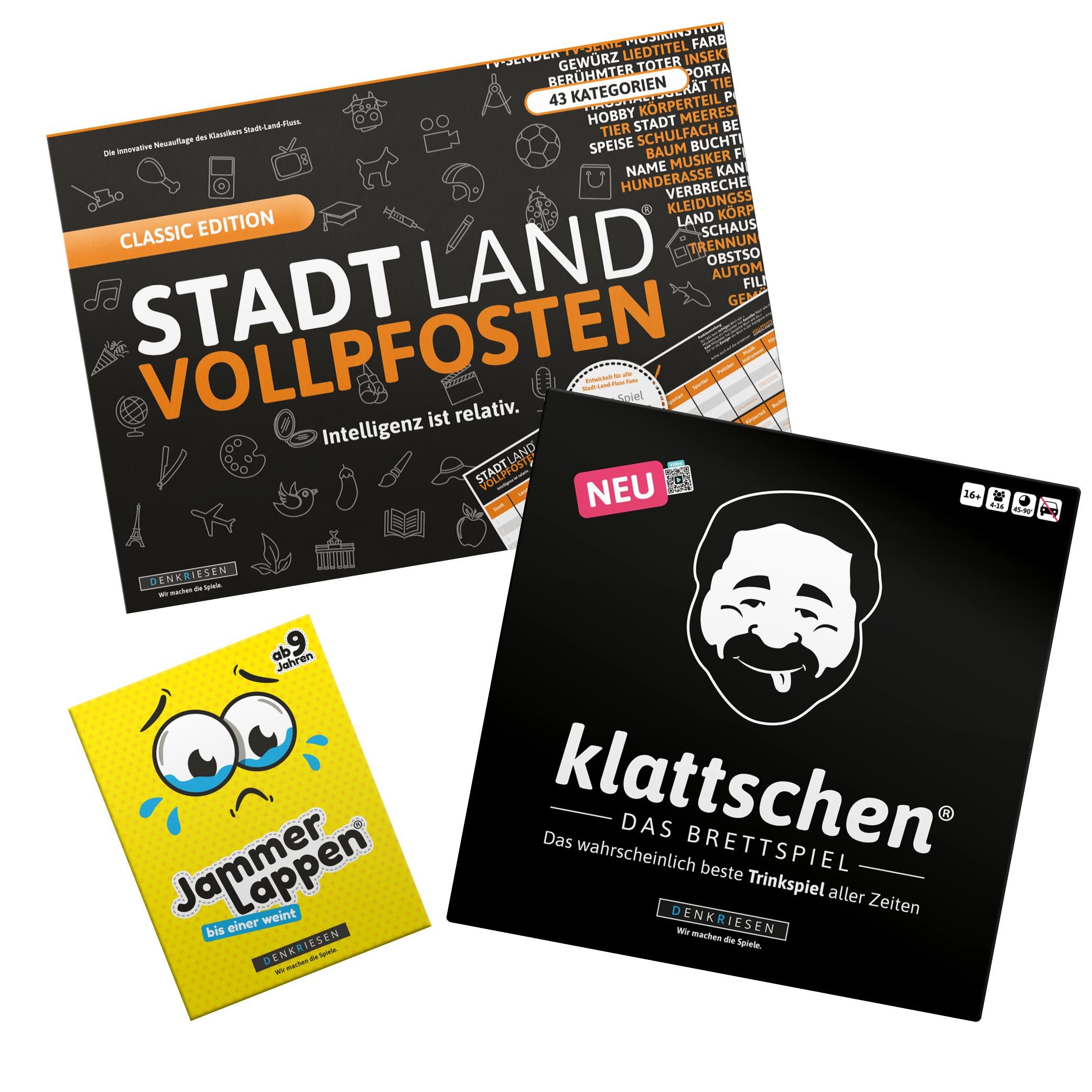Spar-Set Tino - klattschen®  das Brettspiel, Jammerlappen und STADT-LAND VOLLPFOSTEN "Classic EDITION"