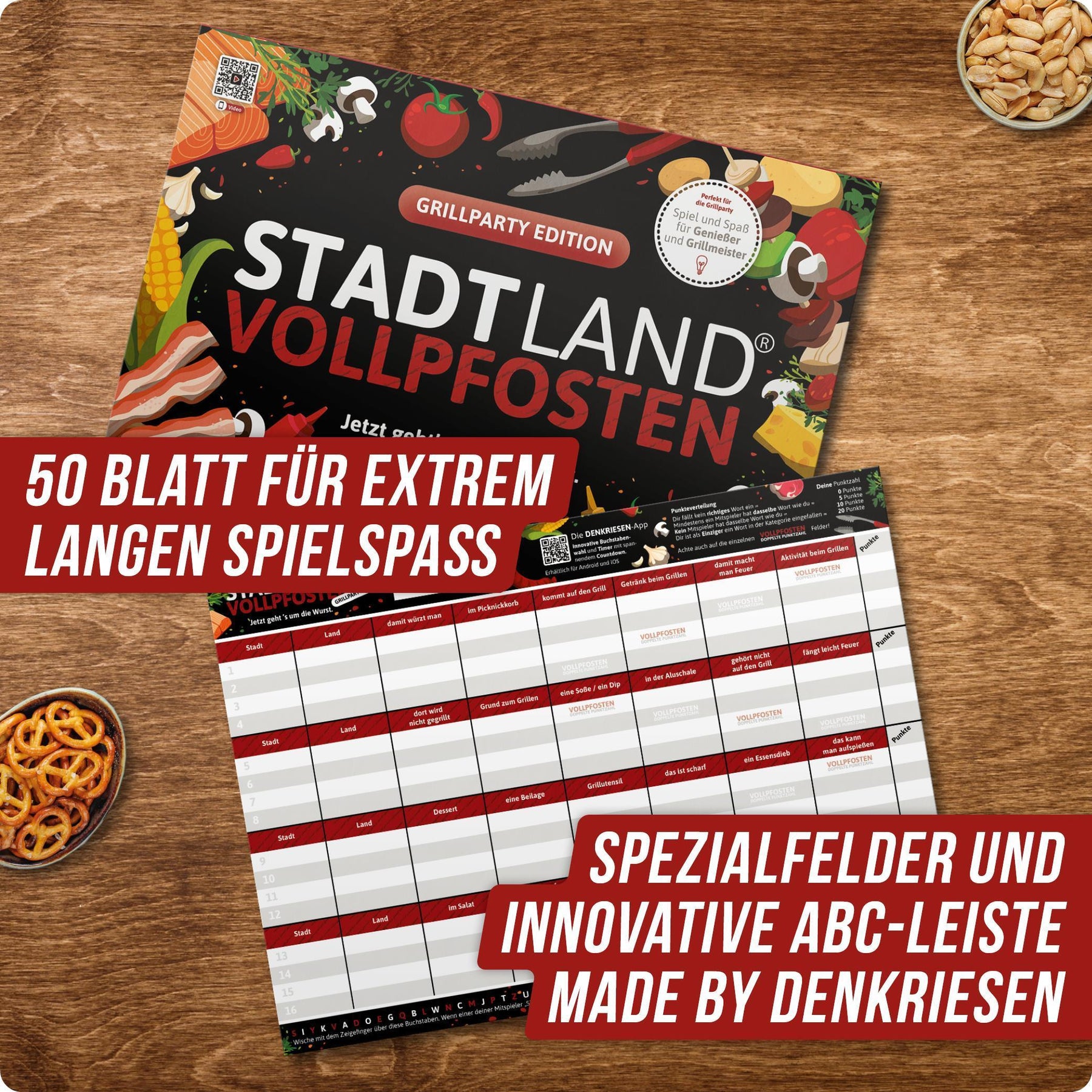 Stadt Land Vollpfosten® Spielblock | Grillparty Edition