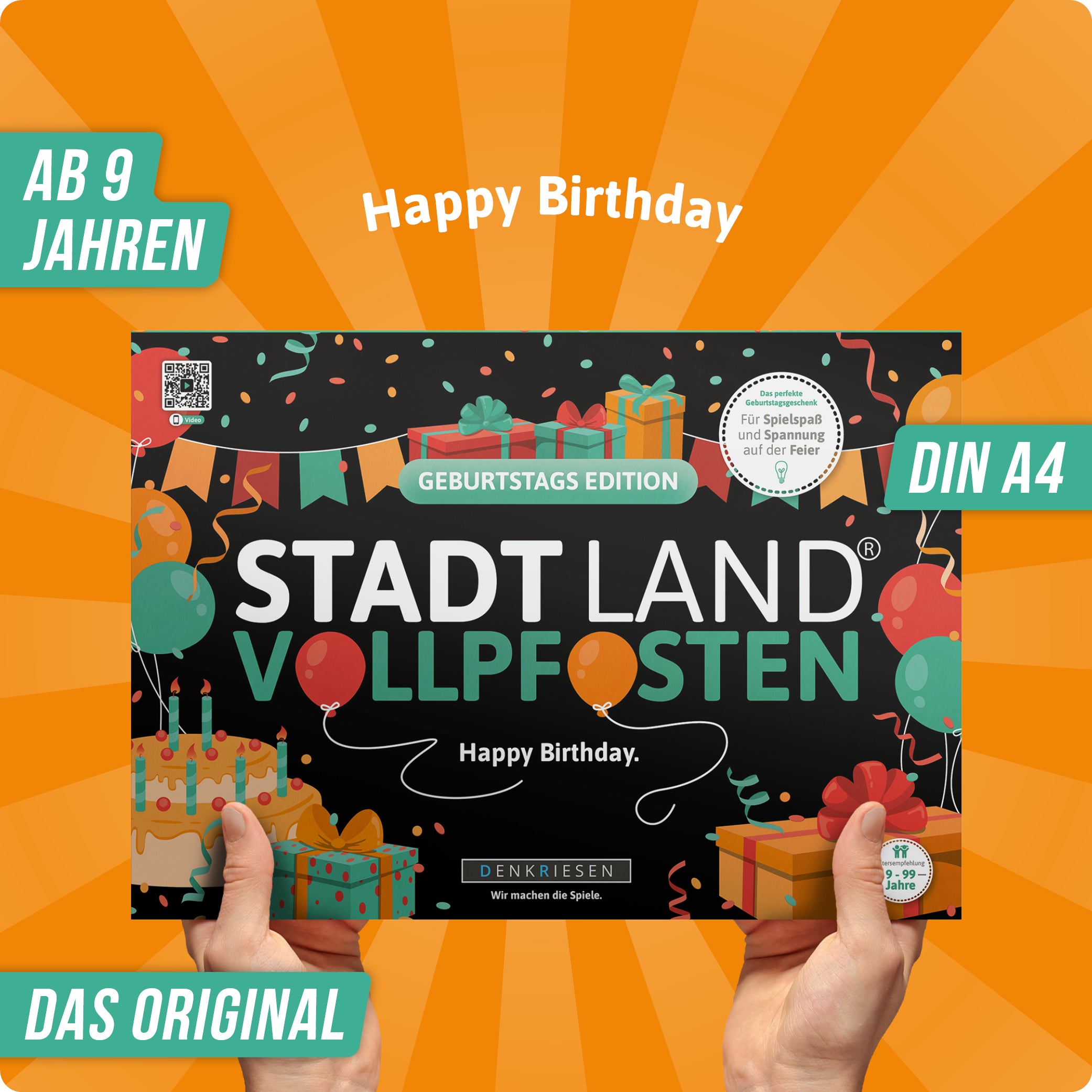 Stadt Land Vollpfosten® Geburtstags Edition – "Happy Birthday." | A4 Spielblock