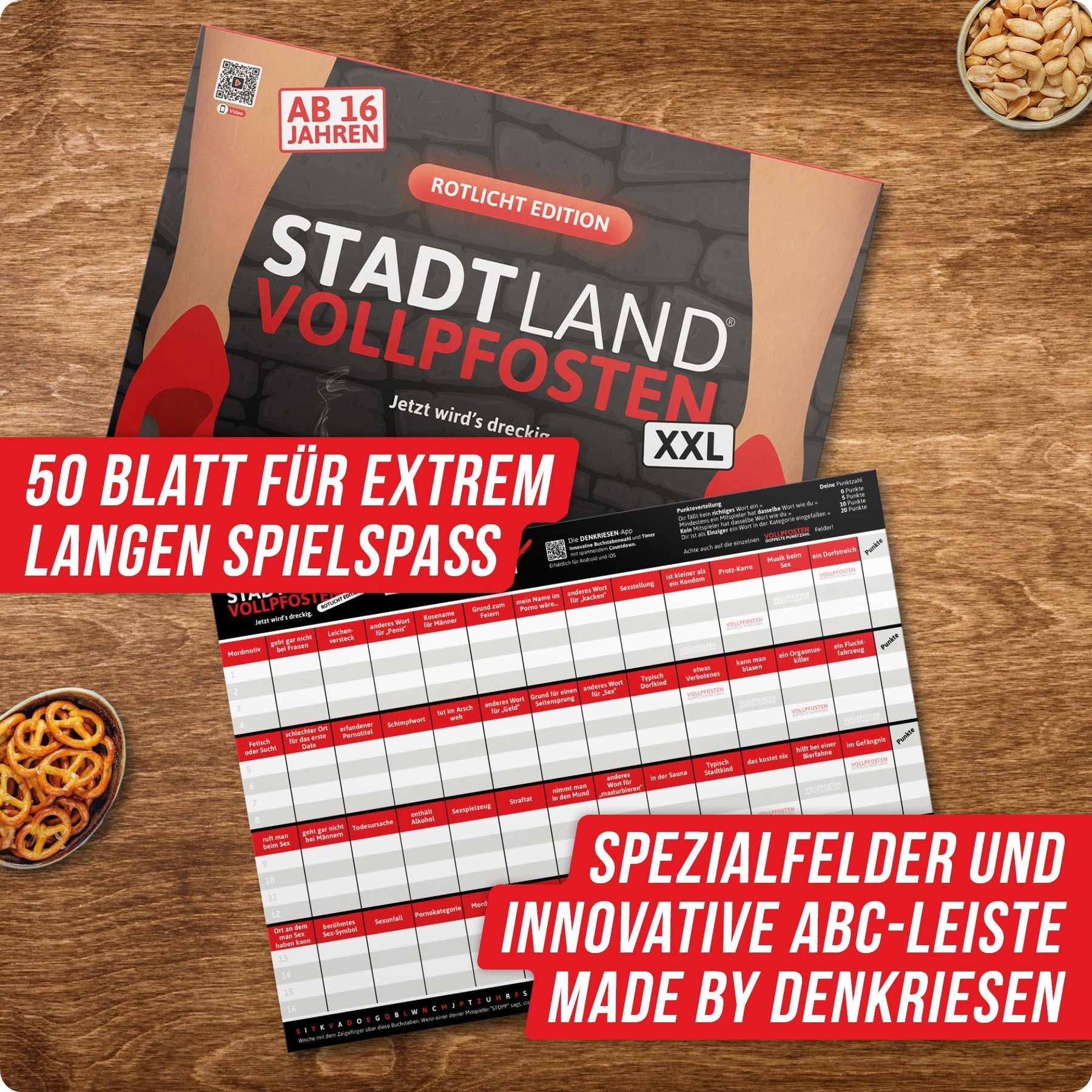 Stadt Land Vollpfosten® A3 Spielblock | Rotlicht Edition