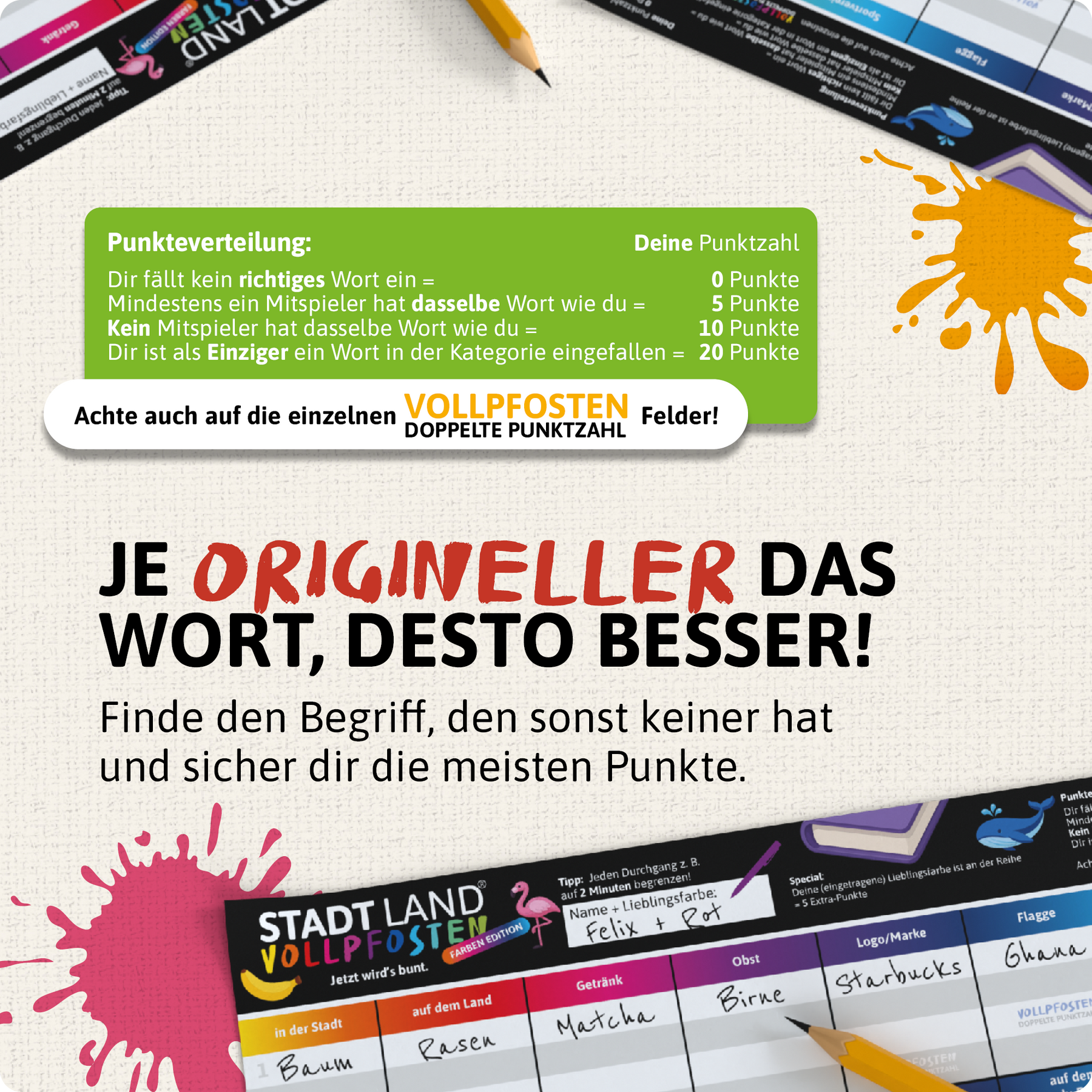 Stadt Land Vollpfosten® Spielblock | Farben Edition