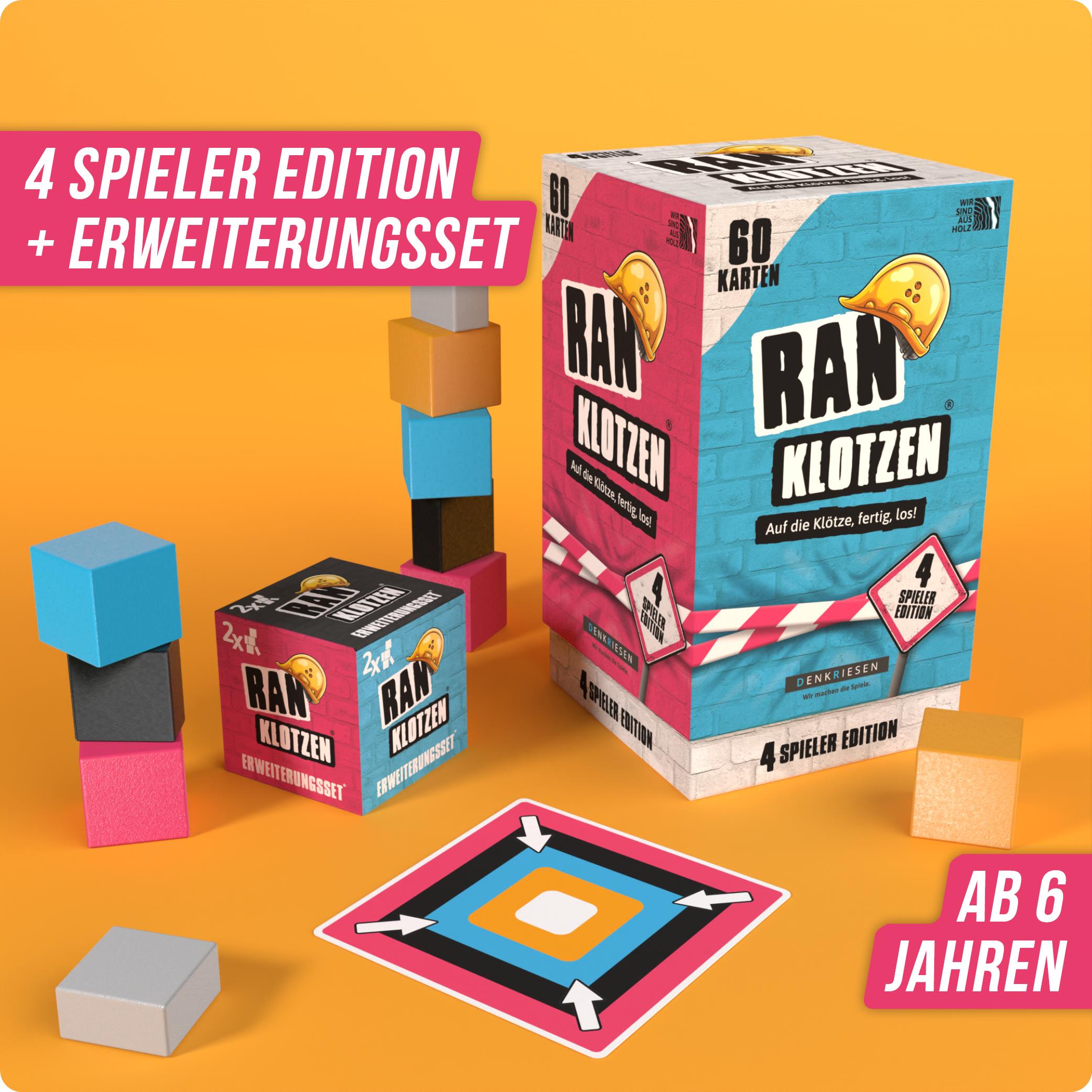 RANKLOTZEN - „Auf die Klötze, fertig, los!“ - 4 Spieler Edition + Klötzchen Erweiterungsset