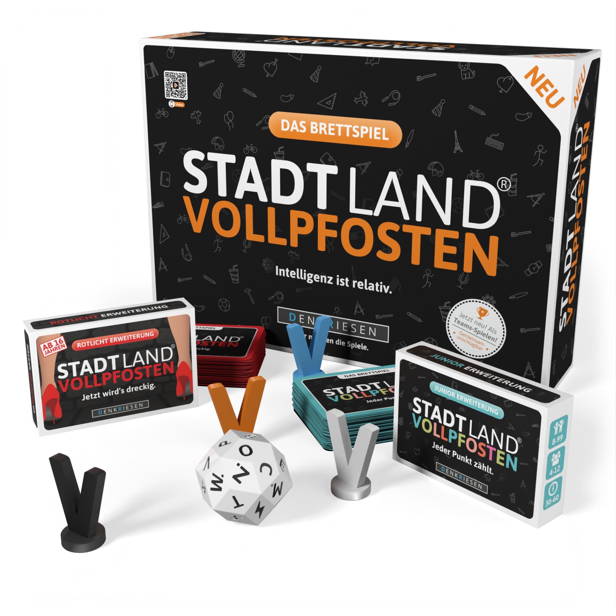 Stadt Land Vollpfosten® Das Brettspiel | Grundspiel + Junior Erweiterung + Rotlicht Erweiterung