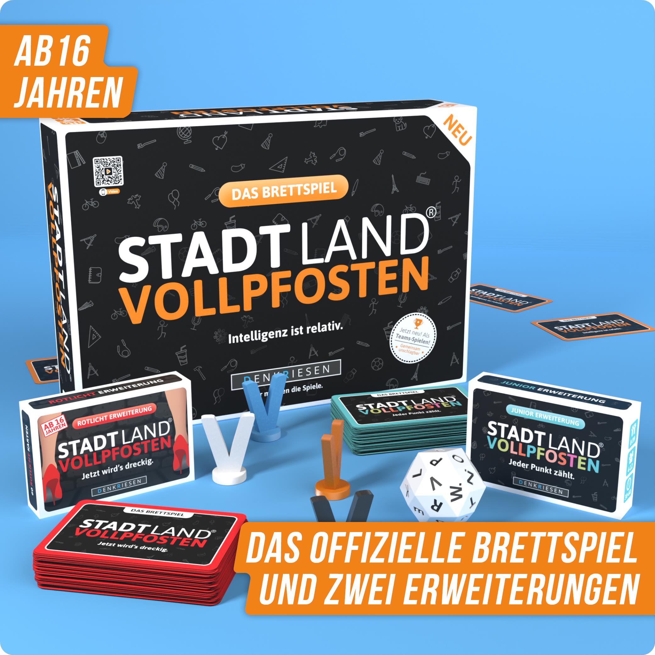 Stadt Land Vollpfosten® Das Brettspiel | Grundspiel + Junior Erweiterung + Rotlicht Erweiterung