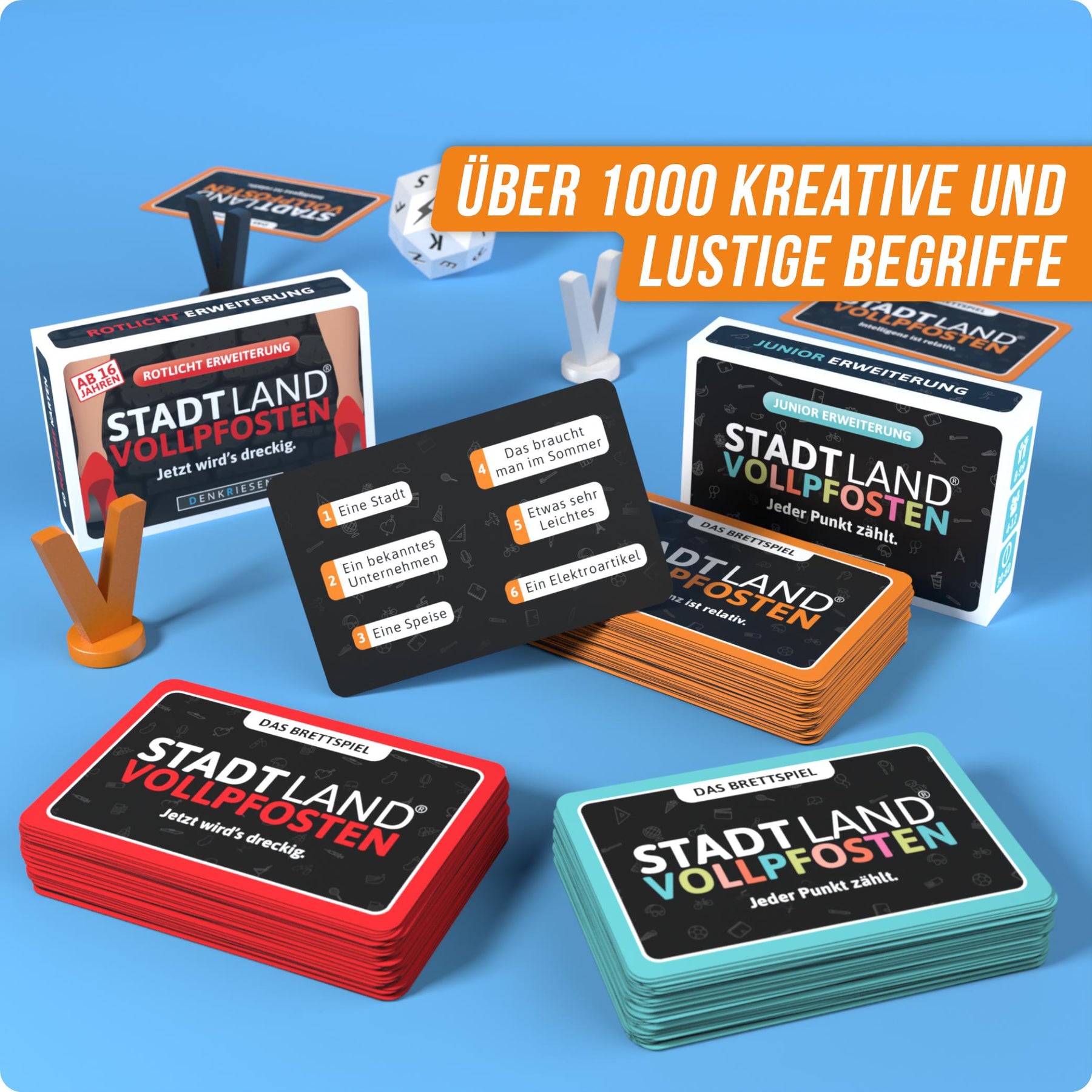 Stadt Land Vollpfosten® Das Brettspiel | Grundspiel + Junior Erweiterung + Rotlicht Erweiterung