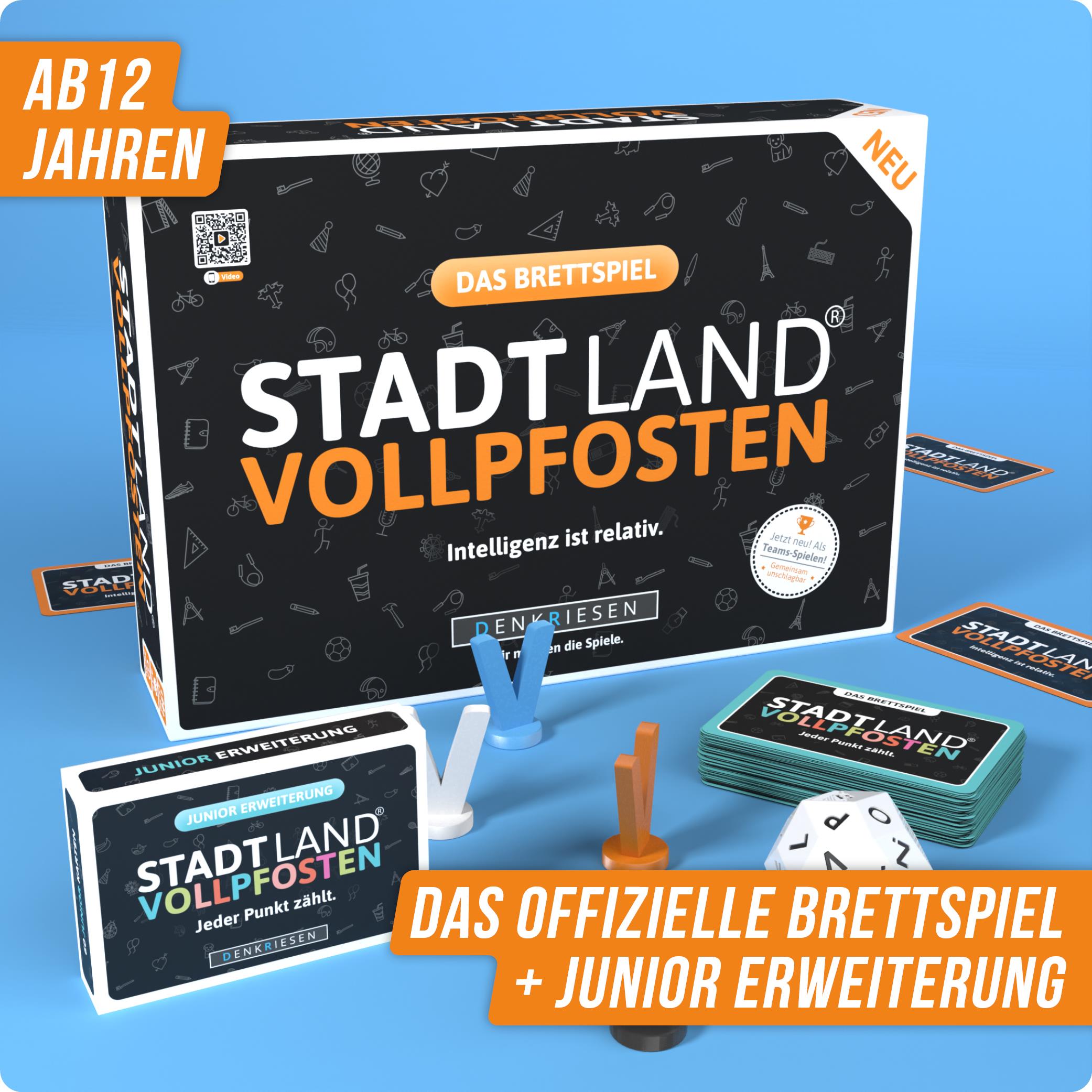 STADT-LAND VOLLPFOSTEN® Brettspiel - "Intelligenz ist relativ." + Junior Erweiterung